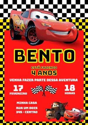 Convite de Aniversário Carros Relâmpago McQueen para Editar