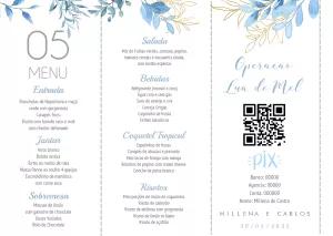 Cardápio de Casamento Floral Azul e Dourado para Editar