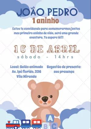 Convite de Aniversário Ursinho Fofo para Editar Online