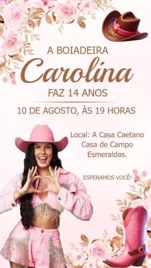 Convite Aniversário Boiadeira Rosa Estilo Country para Editar