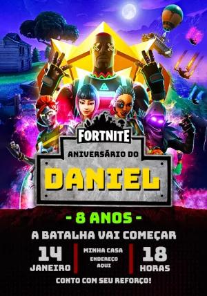 Convite Aniversário Fortnite com Personagens para Editar Online