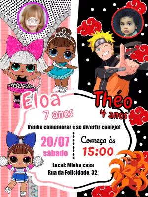 Convite Aniversário Duplo Lol e Naruto com Foto para Editar