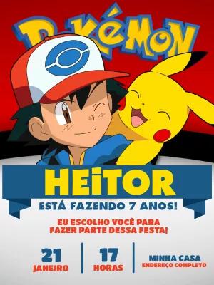 Convite de Aniversário Pokémon com Ash e Pikachu para Editar