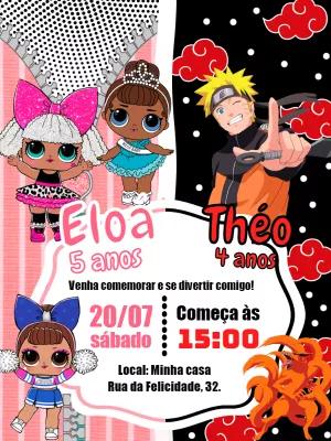 Convite Aniversário Duplo Lol Surprise e Naruto para Editar