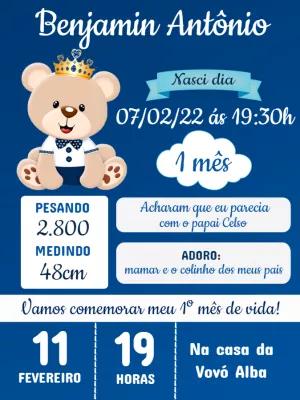 Convite Mêsversário Ursinho Príncipe Azul para Editar Online