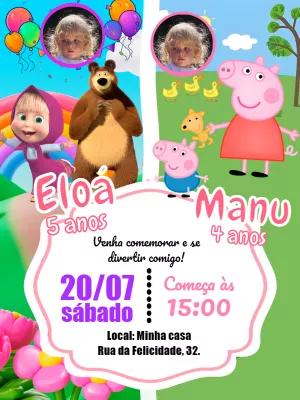 Convite Duplo Masha e Peppa com Foto para Editar Online