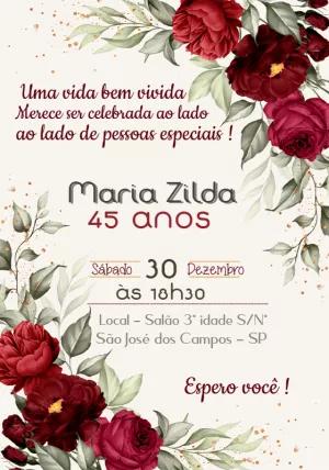Convite de Aniversário Floral com Rosas Vermelhas para Editar