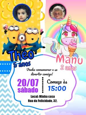Convite Aniversário Duplo Minions e Unicórnio para Editar