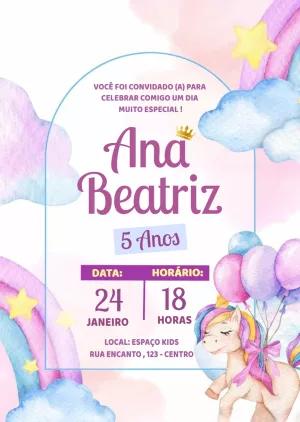 Convite de Aniversário Unicórnio Aquarela para Editar Online
