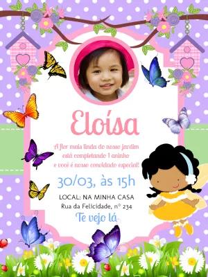 Convite Aniversário Fada e Borboletas com Foto para Editar