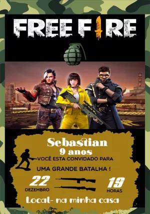Convite Aniversário Free Fire com Personagens para Editar