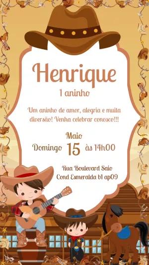 Convite de Aniversário Cowboy Infantil para Editar Online