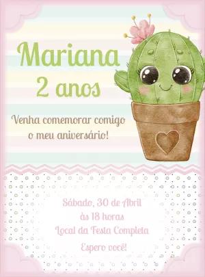 Convite de Aniversário Cactos Fofo para Editar e Imprimir
