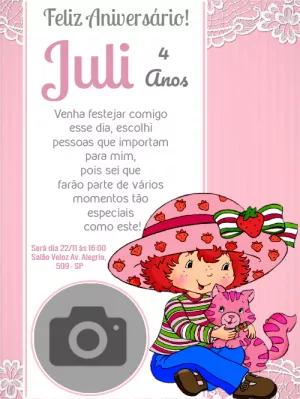 Convite Aniversário Moranguinho com Foto para Editar Online
