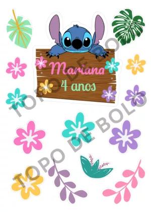 Topo de Bolo Aniversário Stitch Tropical para Editar Online