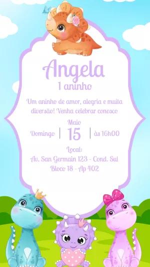 Convite de Aniversário Dino Baby Fêmea para Editar Online