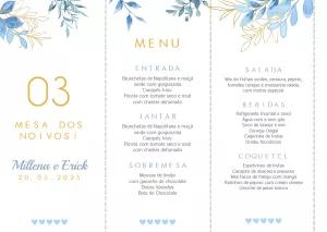 Menu de Casamento Azul e Dourado com Folhas para Editar Online