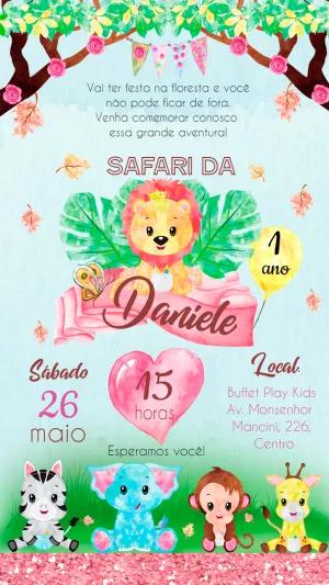 Convite Aniversário Safari Menina com Animais para Editar