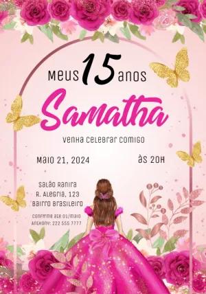 Convite 15 Anos Princesa Rosa com Borboletas para Editar Online