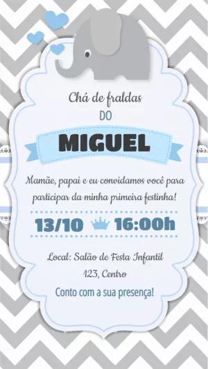 Convite Chá de Fraldas Elefante Cinza para Editar Online