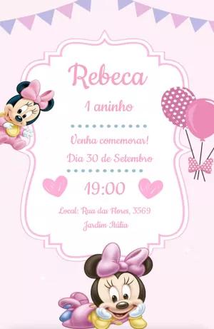 Convite Aniversário Minnie Baby Rosa para Editar Online