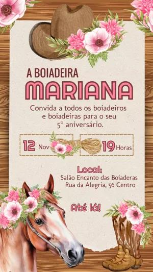 Convite Aniversário Boiadeira Country com Flores para Editar
