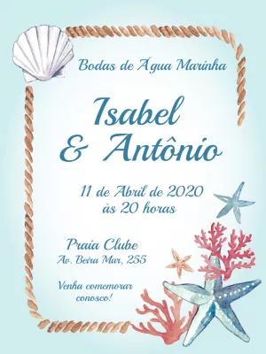 Convite Bodas de Água Marinha Tema Náutico para Editar