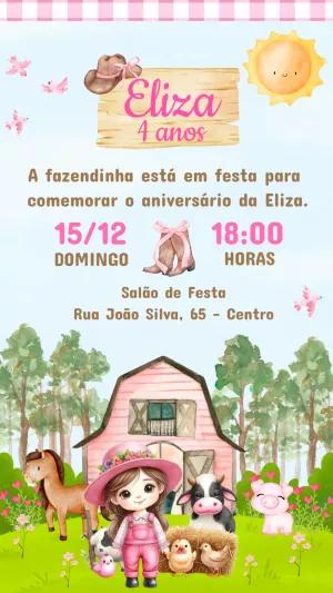Convite Aniversário Fazendinha Menina Rosa para Editar Online