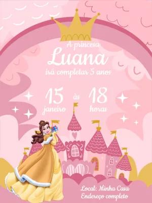 Convite Aniversário Princesa Bela da Disney para Editar Online