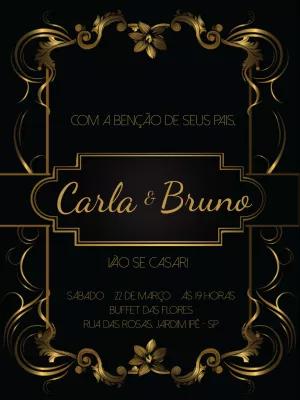 Convite de Casamento Preto e Dourado com Arabescos para Editar