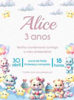 Convite Aniversário Ursinhos Carinhosos Céu de Nuvens Editável
