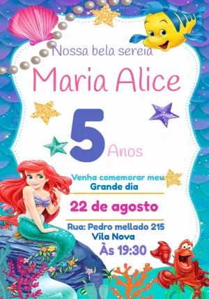 Convite Aniversário Pequena Sereia Ariel para Editar Online