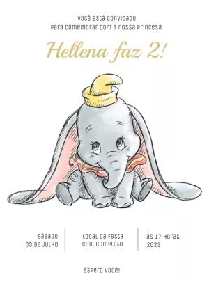 Convite Aniversário Dumbo Aquarela para Editar Online