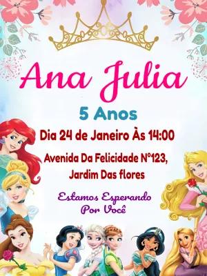 Convite Aniversário Princesas Disney para Editar Online