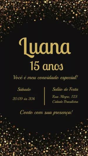 Convite 15 Anos Glitter Dourado e Preto para Editar Online