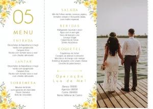 Menu de Casamento Floral Amarelo com Foto para Editar Online
