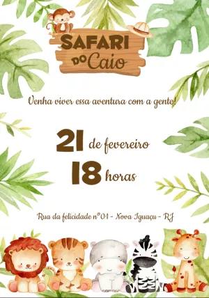 Convite Aniversário Safari com Animais Fofos para Editar Online
