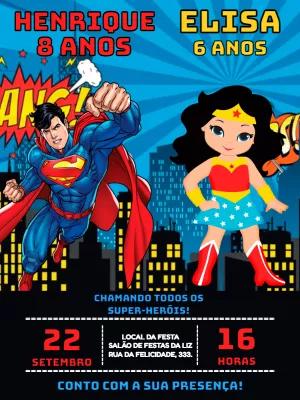 Convite Aniversário Duplo Super Homem e Mulher Maravilha para Editar