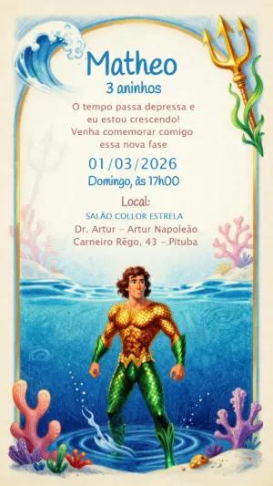 Convite Animado Aquaman Aniversário Infantil para Editar