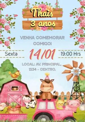 Convite Aniversário Fazendinha Rosa para Editar Online