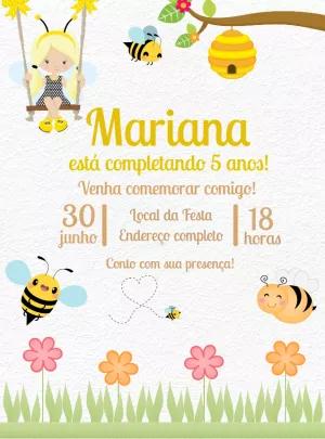 Convite Aniversário Abelhinha com Menina para Editar Online