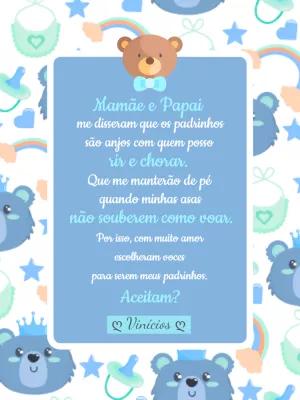 Convite para Padrinhos Ursinho Azul para Editar Online