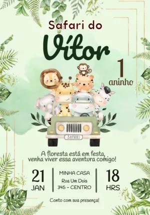 Convite Aniversário Safari com Animais Fofos para Editar Online