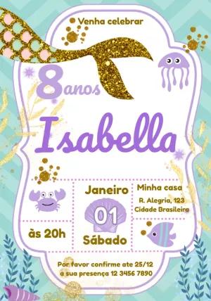 Convite Aniversário Sereia Glitter para Editar Online