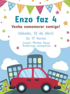 Convite de Aniversário Infantil Carrinhos para Editar Online