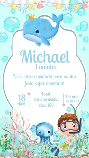 Convite Aniversário Fundo do Mar com Baleia para Editar Online