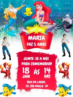Convite Aniversário Pequena Sereia com Personagens para Editar