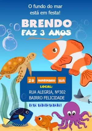 Convite de Aniversário Fundo do Mar com Peixinhos para Editar
