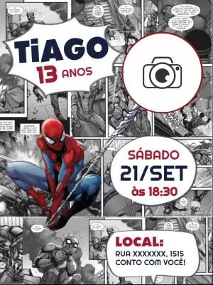 Convite Aniversário Homem-Aranha Quadrinhos com Foto para Editar
