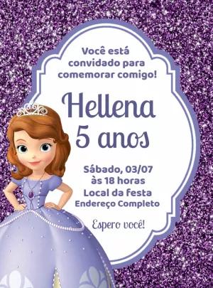 Convite Aniversário Princesa Sofia Glitter para Editar Online